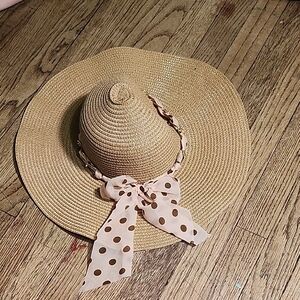 Elegant Tan Sun Hat with Polka Dot Bow